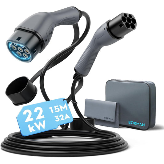Cablu incarcare EV pentru masini electrice BEV/PHEV Type 2, 32A 22 kW trifazat, 15 m, mod 3, compatibil universal statii si wallbox, IP54, cu geanta depozitare, incarcare rapida, standard european