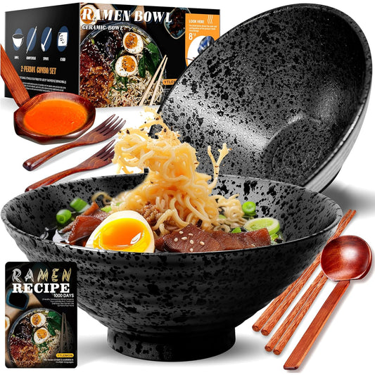 Set 2 boluri japoneze pentru ramen, 1000 ml, din ceramica, cu betisoare, linguri si retete, compatibile masina de spalat vase si microunde, multifunctionale, negru