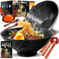 Set 2 boluri japoneze pentru ramen, 1000 ml, din ceramica, cu betisoare, linguri si retete, compatibile masina de spalat vase si microunde, multifunctionale, negru