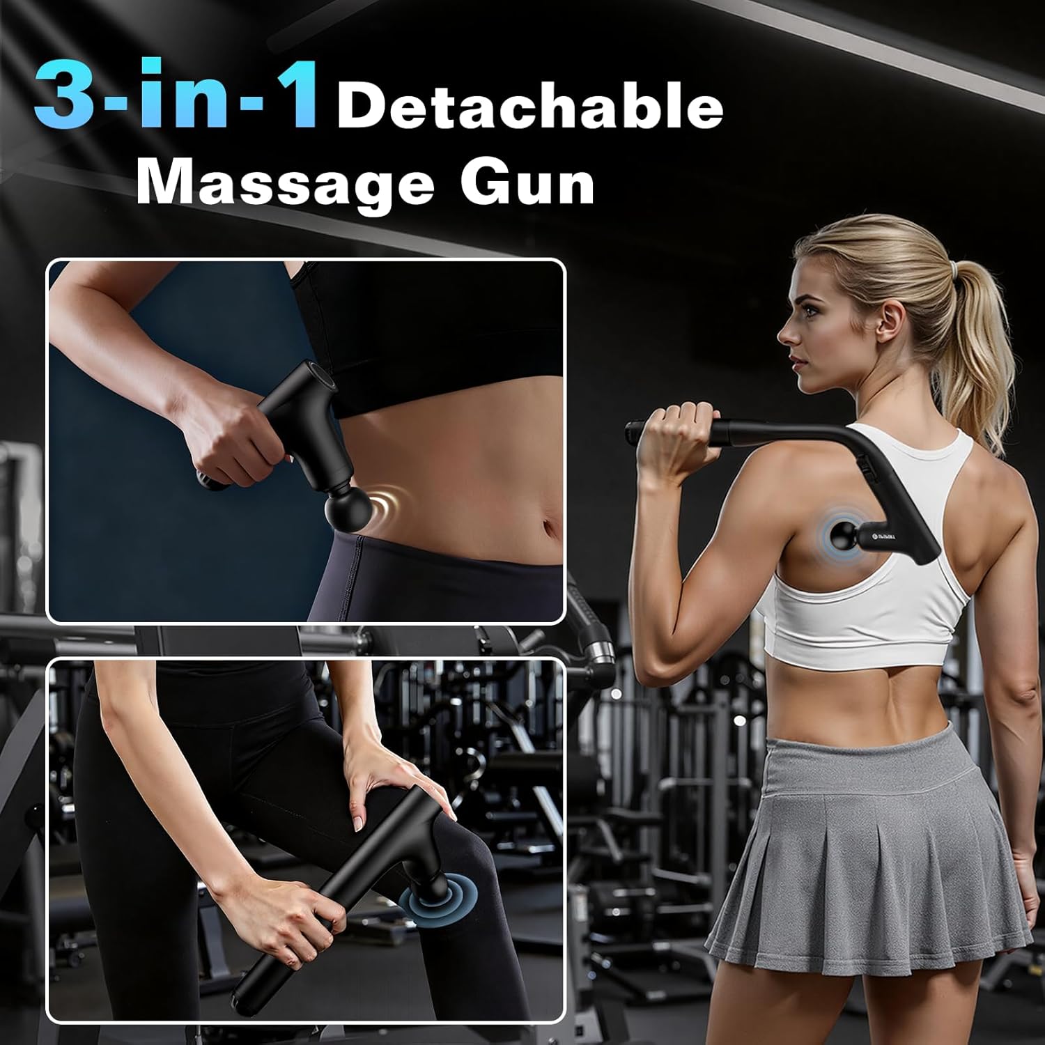 Aparat de masaj muscular tip pistol YIXISI, 4 niveluri de viteza, mod turbo, motor fara perii silentios, maner extensibil, include 4 capete speciale de masaj, pentru spate, umeri si corp, relaxare profunda si recuperare musculara