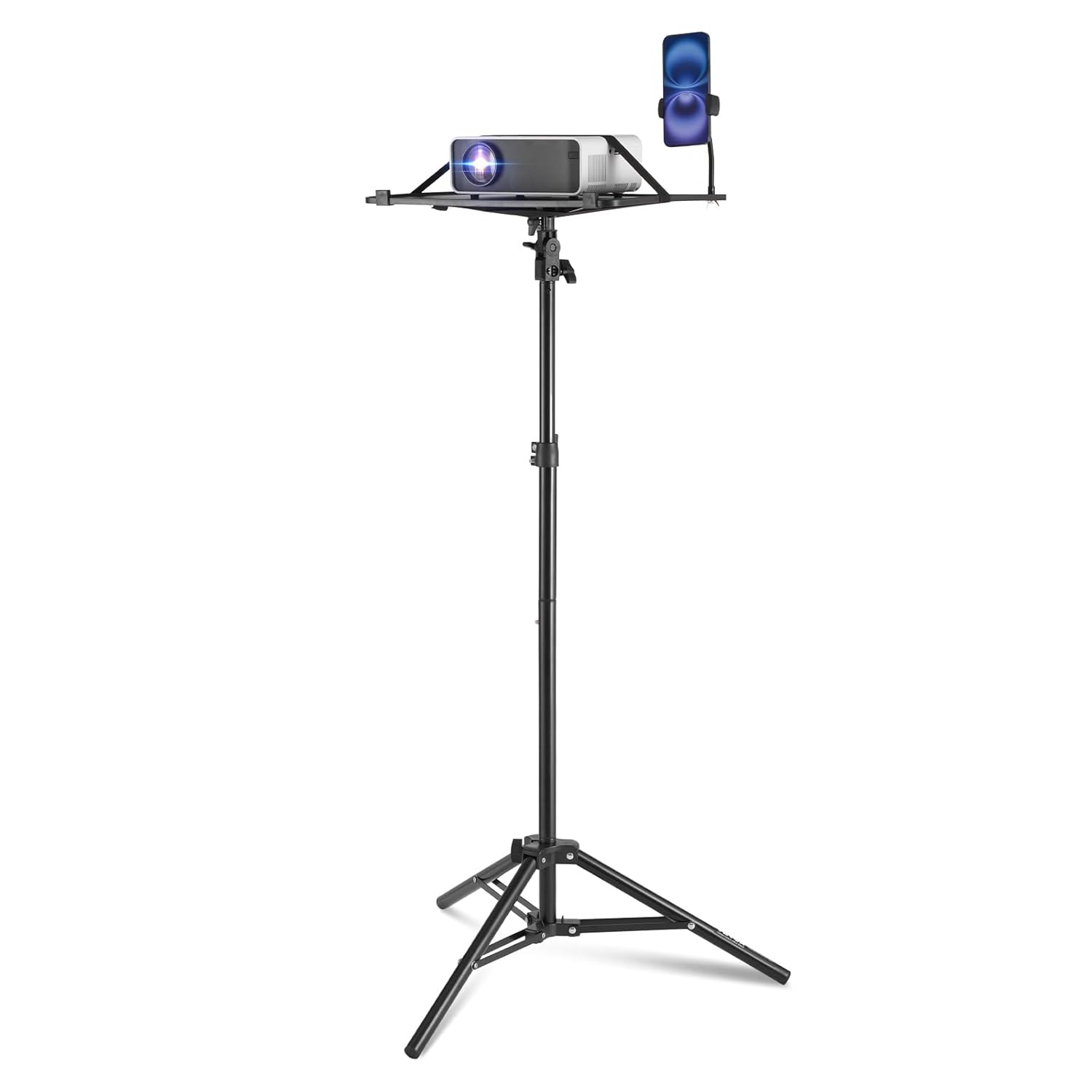 Suport pentru videoproiector sau laptop cu trepied, inaltime reglabila 68 - 160 cm, suport telefon gooseneck, unghi reglabil 180°, portabil, design pliabil, capacitate 5 kg, pentru proiector, tableta, mixer, laptop, partitura, negru