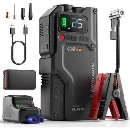 Starter auto multifuncțional FEATOU 8 în 1, curent 4500A, baterie externă, compresor 150 PSI, portabil