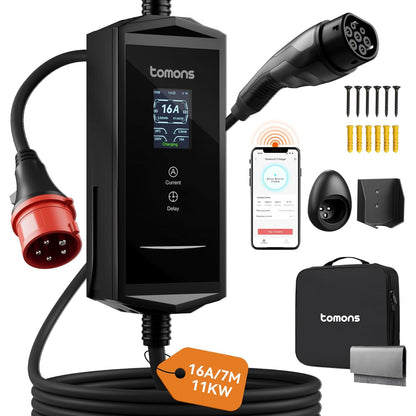 Statie de incarcare portabila EV Tomons 11kW (Mobile Wallbox), Type 2 7m, 400V trifazic 6-16A reglabil, aplicatie Bluetooth, ecran LCD 2.4”, IP65, timer, compatibil Tesla Model 3/Y, VW ID.3/4/5/7