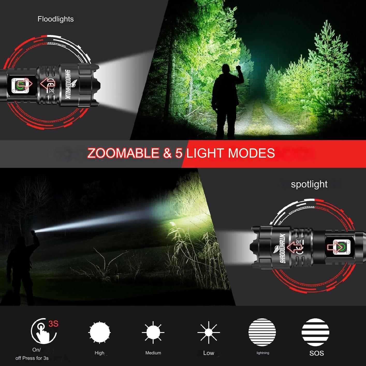 Lanterna tactica LED, din aluminiu, 10000 lumeni, profesionala, focus ajustabil, acumulator inclus, 5 moduri iluminare, rezistenta la apa, incarcare USB, sursa CREE XHP70.2