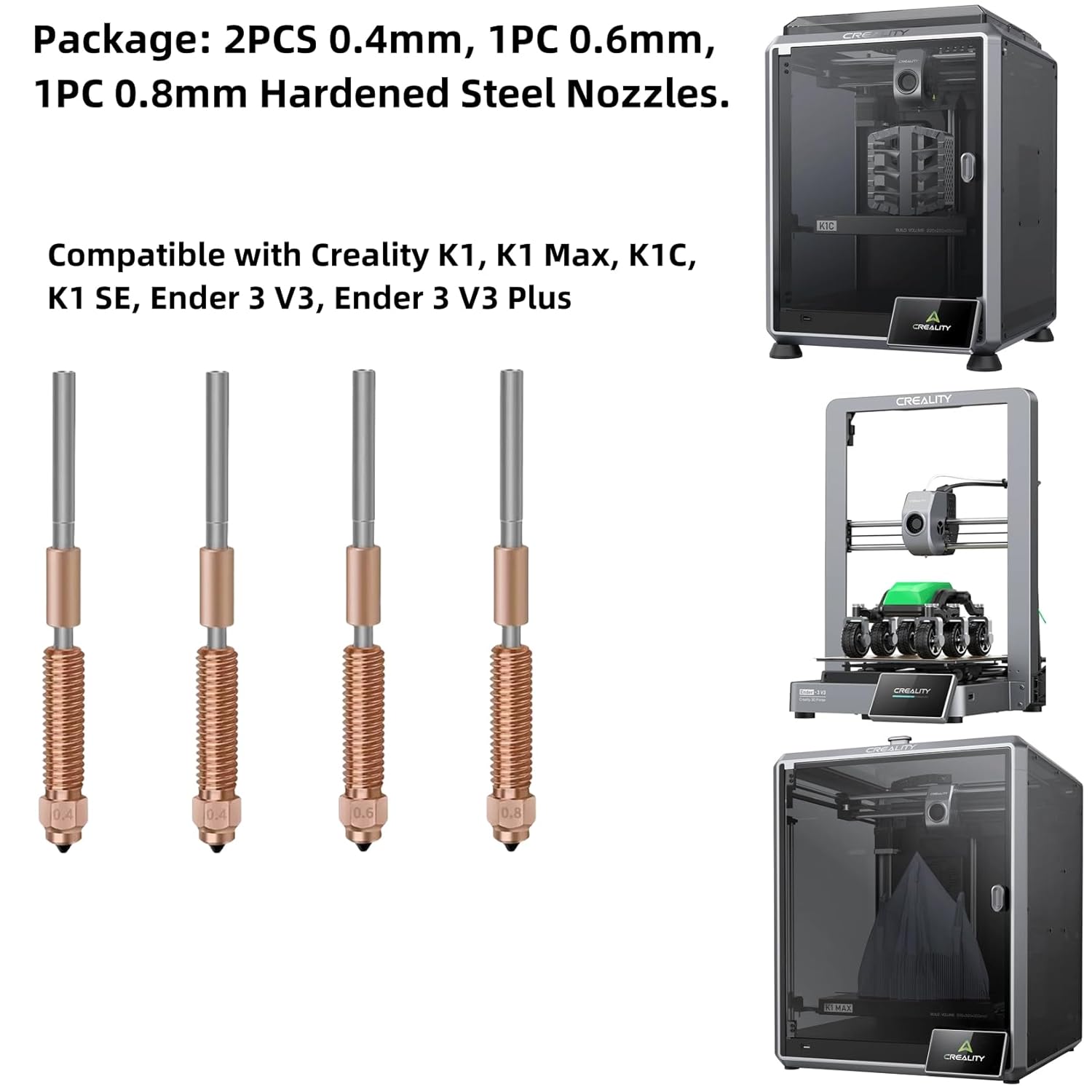 Set de 4 duze pentru Creality K1C, K1 SE, Ender 3 V3, Ender 3 V3 Plus and K1/K1 Max, cu schimbare rapida, 2 duze de 0.4mm, 1 duza de 0.6 mm, 1 duza de 0.8 mm, din aliaj de titan