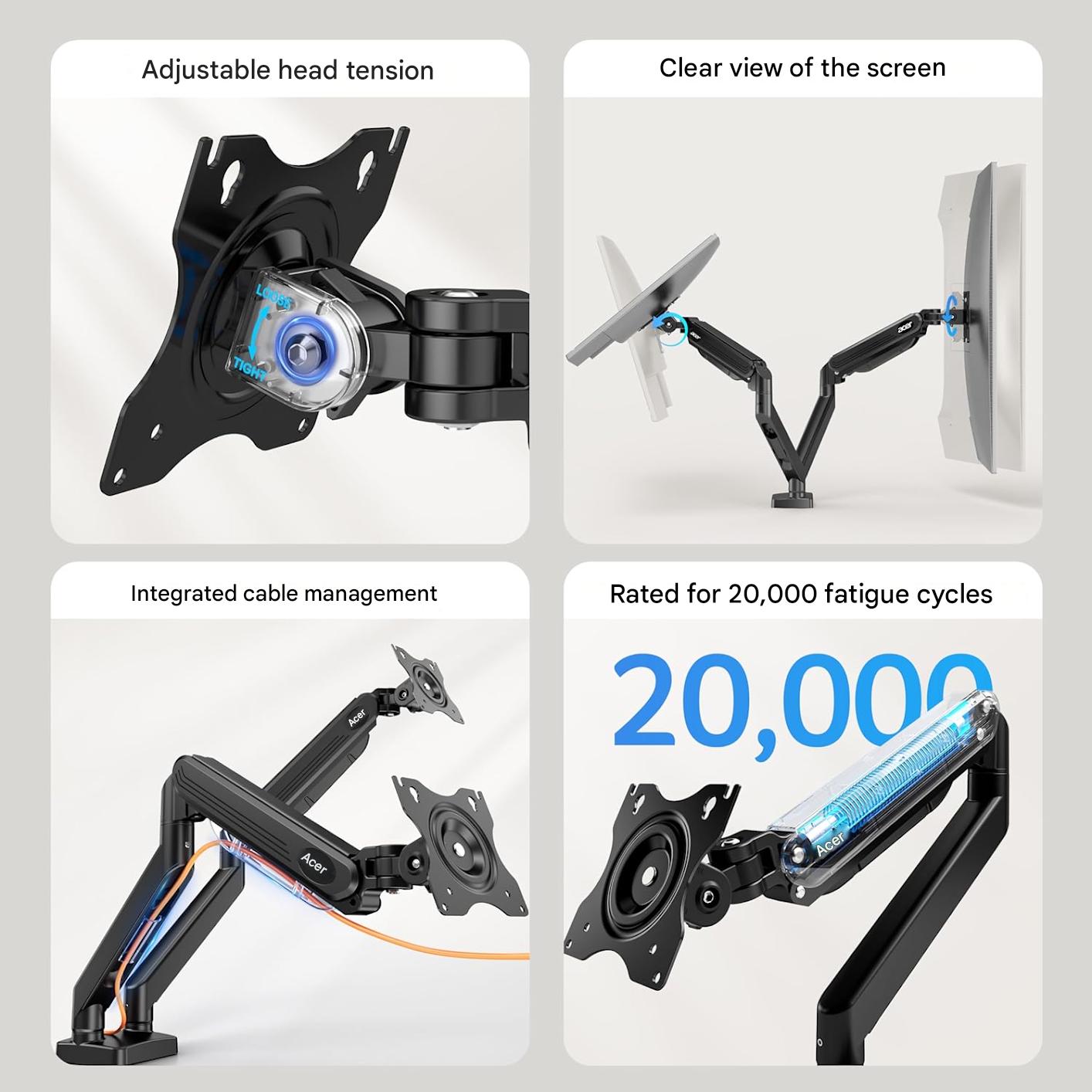 Suport dublu monitor Acer 17–32 inch, brat dublu ergonomic cu arc pe gaz, aluminiu, 2–9 kg/ecran, reglare inaltime 46 cm, extensie 54 cm, inclinare -60°/+90°, rotire 360°, VESA 75/100, montaj birou, gestionare cabluri