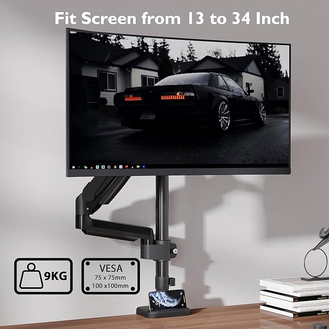 Suport de monitor BONTEC pentru ecran LCD LED de 13-34 inch, greutate 3-9 kg, ridicare pe gaz, monitor cu un singur brat, rotatie la 360°, inclinare, clema de birou, VESA 75/100 mm