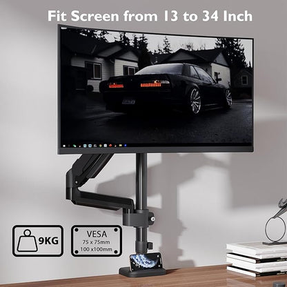 Suport de monitor BONTEC pentru ecran LCD LED de 13-34 inch, greutate 3-9 kg, ridicare pe gaz, monitor cu un singur brat, rotatie la 360°, inclinare, clema de birou, VESA 75/100 mm