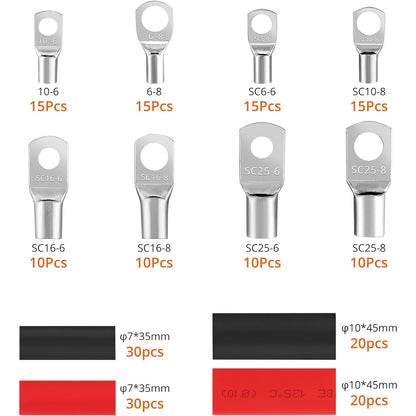Set cleste de sertizare 6-50 mm² cu 100 bucati terminale AWG 10, 8, 6, 4 SC6-6 - SC25-8, cu cleste de taiat cabluri si tuburi termocontractile, Proster