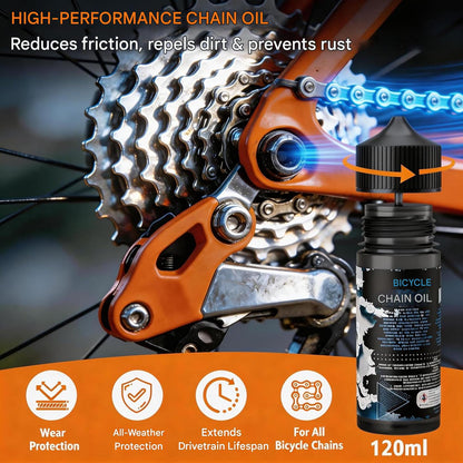 Kit curatare lant bicicleta, cu degresant 450 ml si ulei pentru lant 120 ml, perii curatare transmisie, laveta microfibra, set intretinere pentru MTB, cursiera si eBike