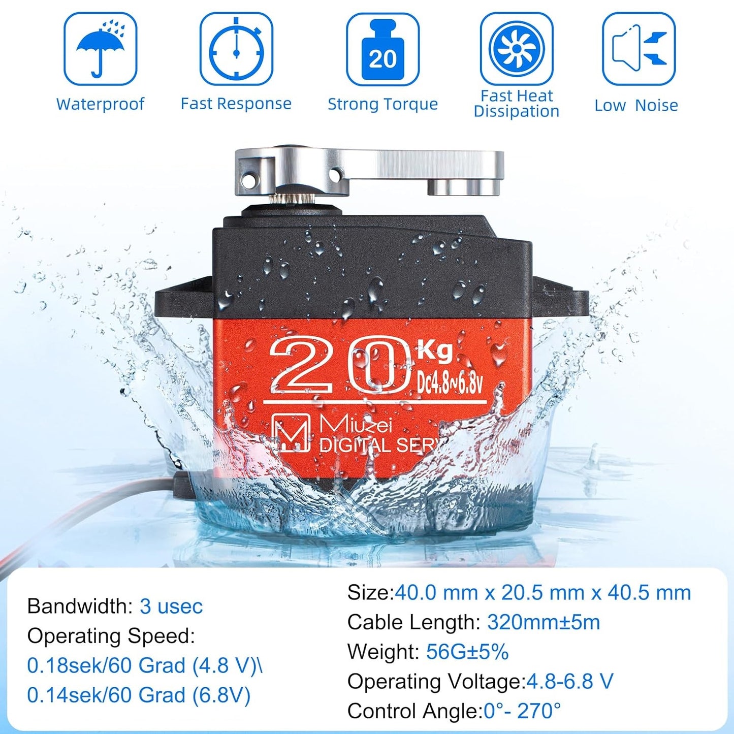 Servomotor RC 20 Kg, 4.8V - 6.8V, impermeabil, unghi operare 0°-270°, angrenaj metalic, pentru brat robot, barca RC, masina RC, model avion, model elicopter, cu cablu de 32 cm