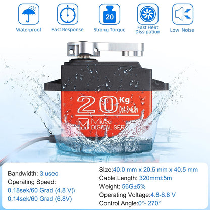 Servomotor RC 20 Kg, 4.8V - 6.8V, impermeabil, unghi operare 0°-270°, angrenaj metalic, pentru brat robot, barca RC, masina RC, model avion, model elicopter, cu cablu de 32 cm