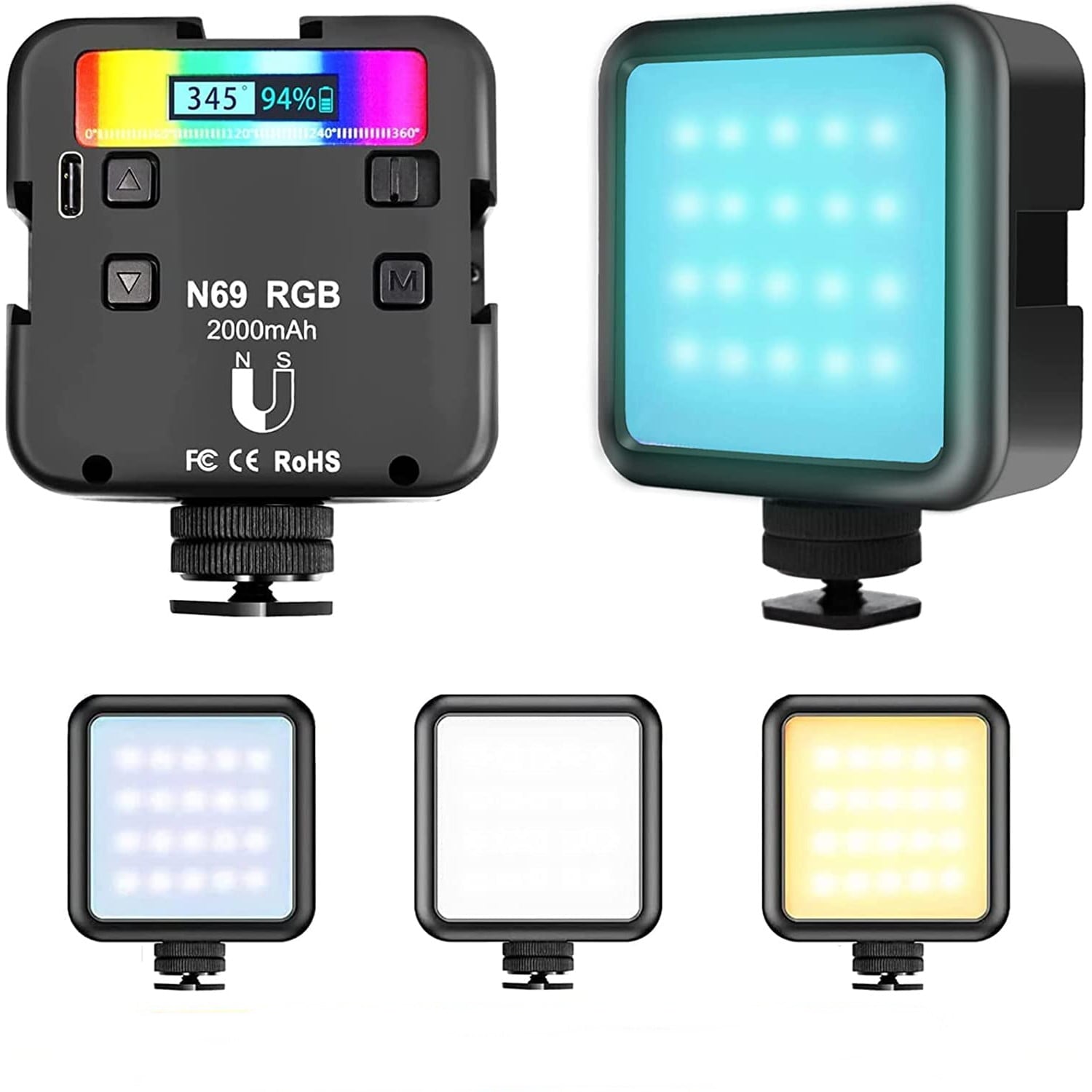 Lumina LED RGB foto-video, reglabila 2500-9000 K, magnetica, cu baterie 2000 mAh, cu filet 1/4 si Cold Shoe Mount, pentru smartphone, GoPro, DSLR