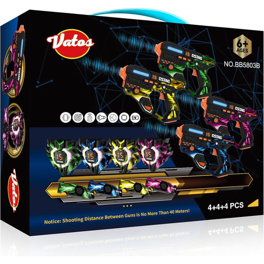 Set Laser Tag VATOS cu 4 arme de jucarie si 4 veste reincarcabile, raza 40 m, senzori 360°, afisaj LCD, lumini si efecte sonore, pentru interior si exterior, multicolor, pentru copii 6+