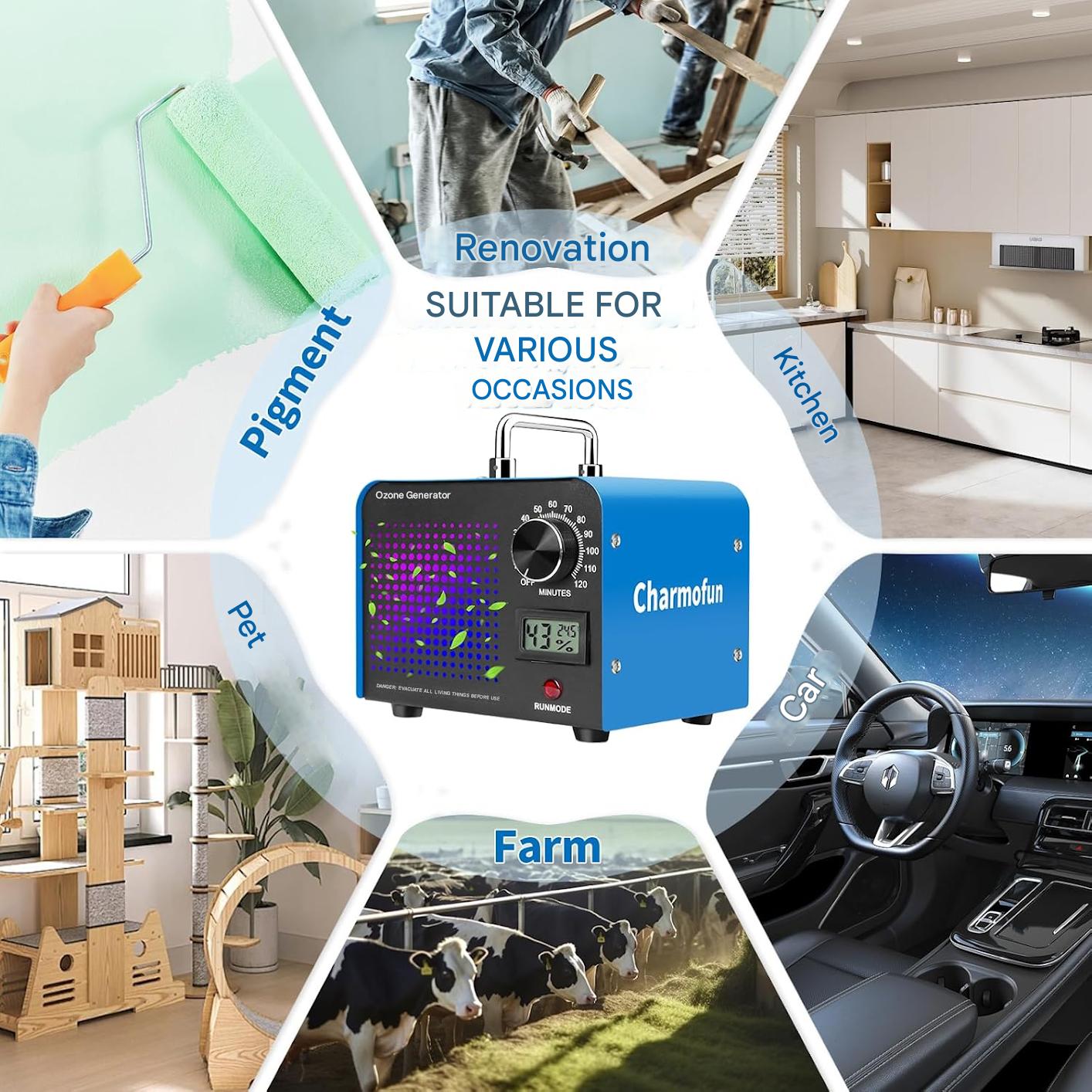 Generator profesional de ozon, 60.000 mg/h, temporizator 120 min, sterilizare, dezinfectare, cu afisaj temperatura si umiditate, purificator de aer O3 pentru masina, casa, bucatarie si zone cu animale – albastru