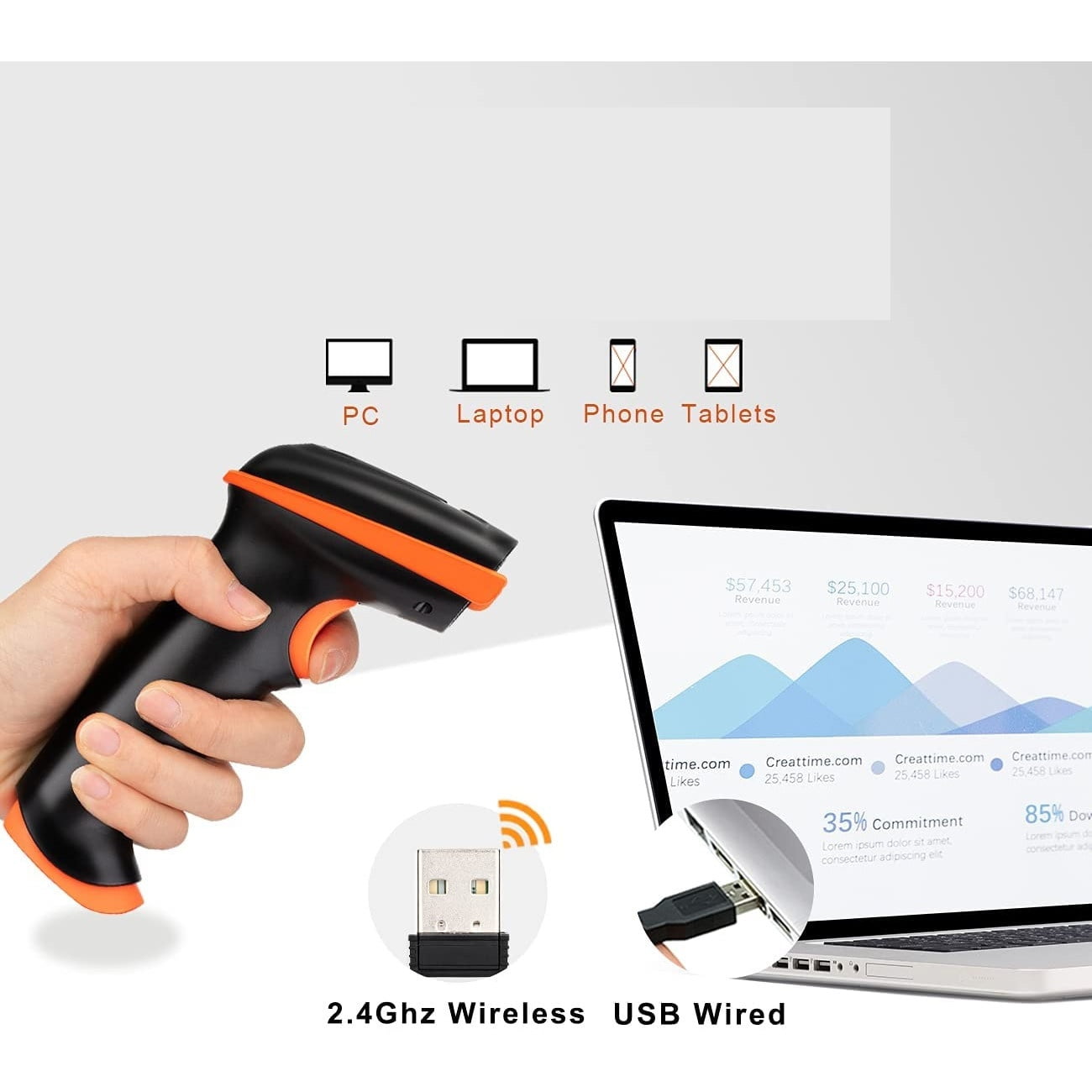 Cititor coduri de bare wireless Tera, fara fir 2,4 GHz sau cu fir USB 2.0, portabil, 100 m raza de actiune, 1D 2D QR