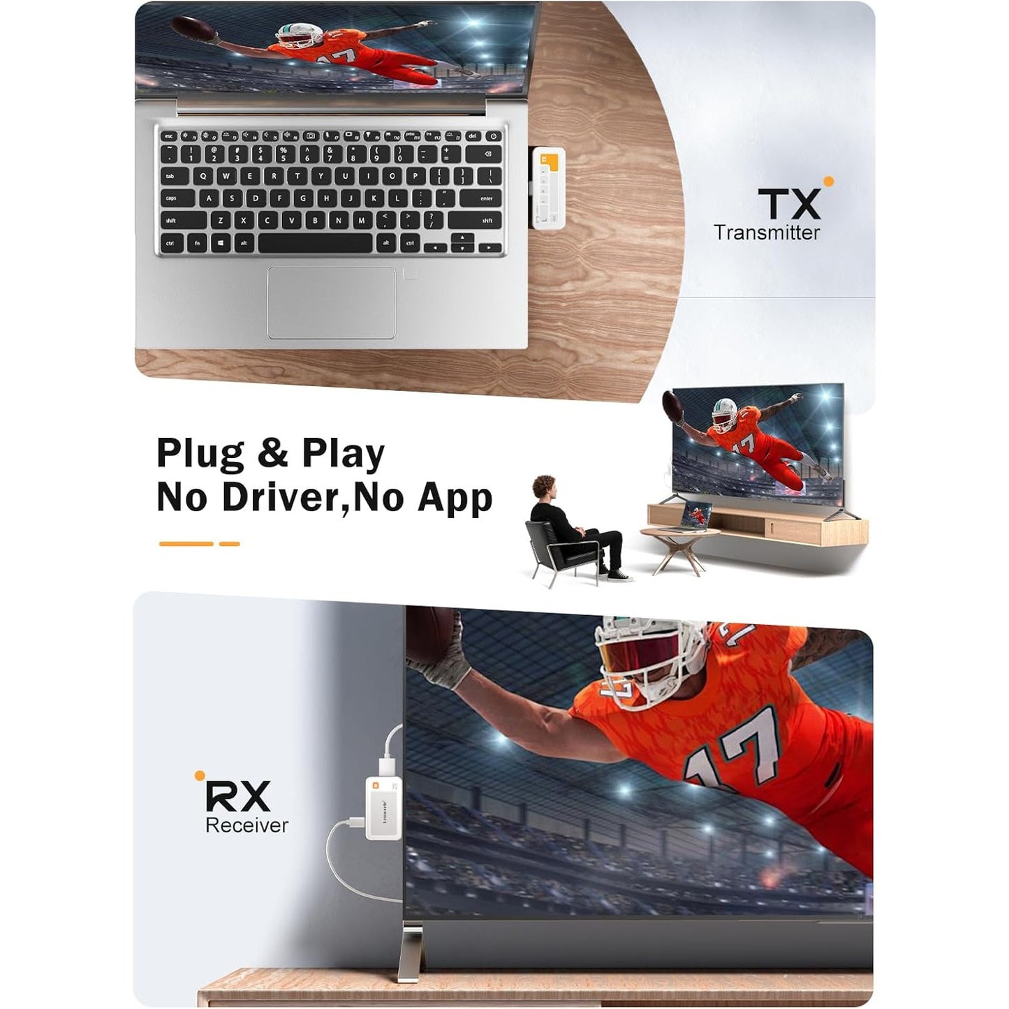 Transmitator si receptor wireless USB-C la HDMI Lemorele, 5G, 50 m, Plug & Play, Full HD 1080p, screen mirroring pentru laptop, telefon, tableta, compatibil MacBook, iPhone 15, Samsung, proiector/TV/monitor