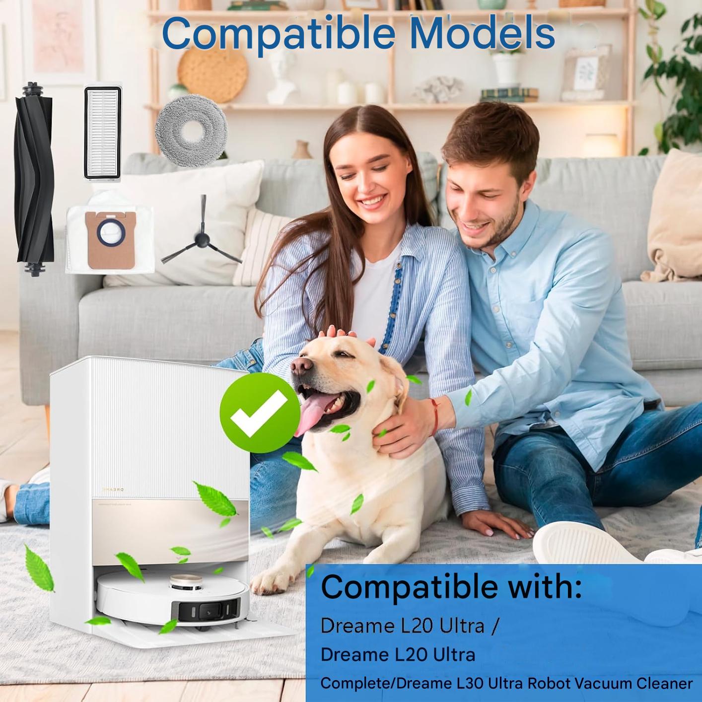 Set accesorii pentru aspirator compatibile cu Dreame L20 Ultra / L20 Ultra Complete / L30 Ultra Complete, cu 4 saci aspirator robot, 1 perie tambur, 4 perii laterale, 2 filtre HEPA si 4 paduri mop