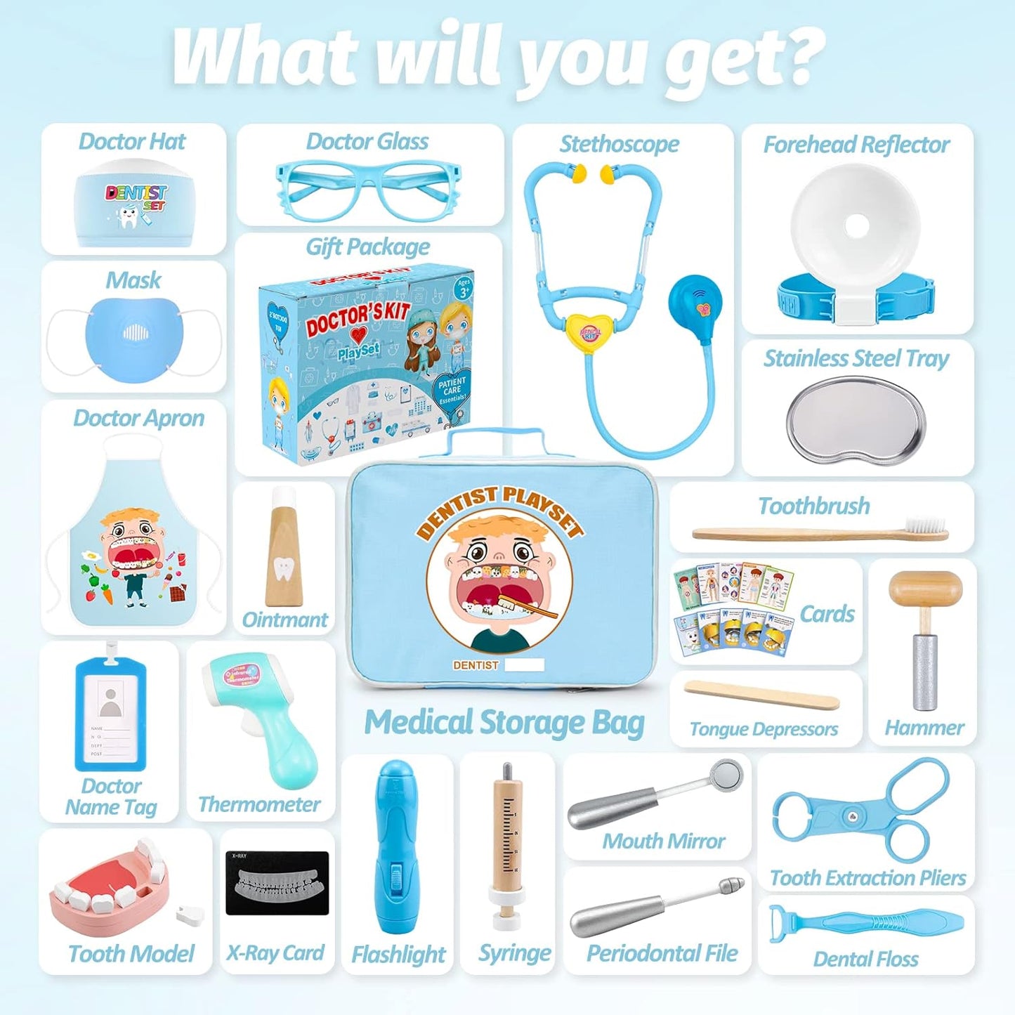 Trusa medicala de jucarie, set dentist cu geanta, termometru, stetoscop, ochelari, sort, model cu dinti, reflector, lanterna, masca, jucarie de rol, pentru copii peste 3 ani