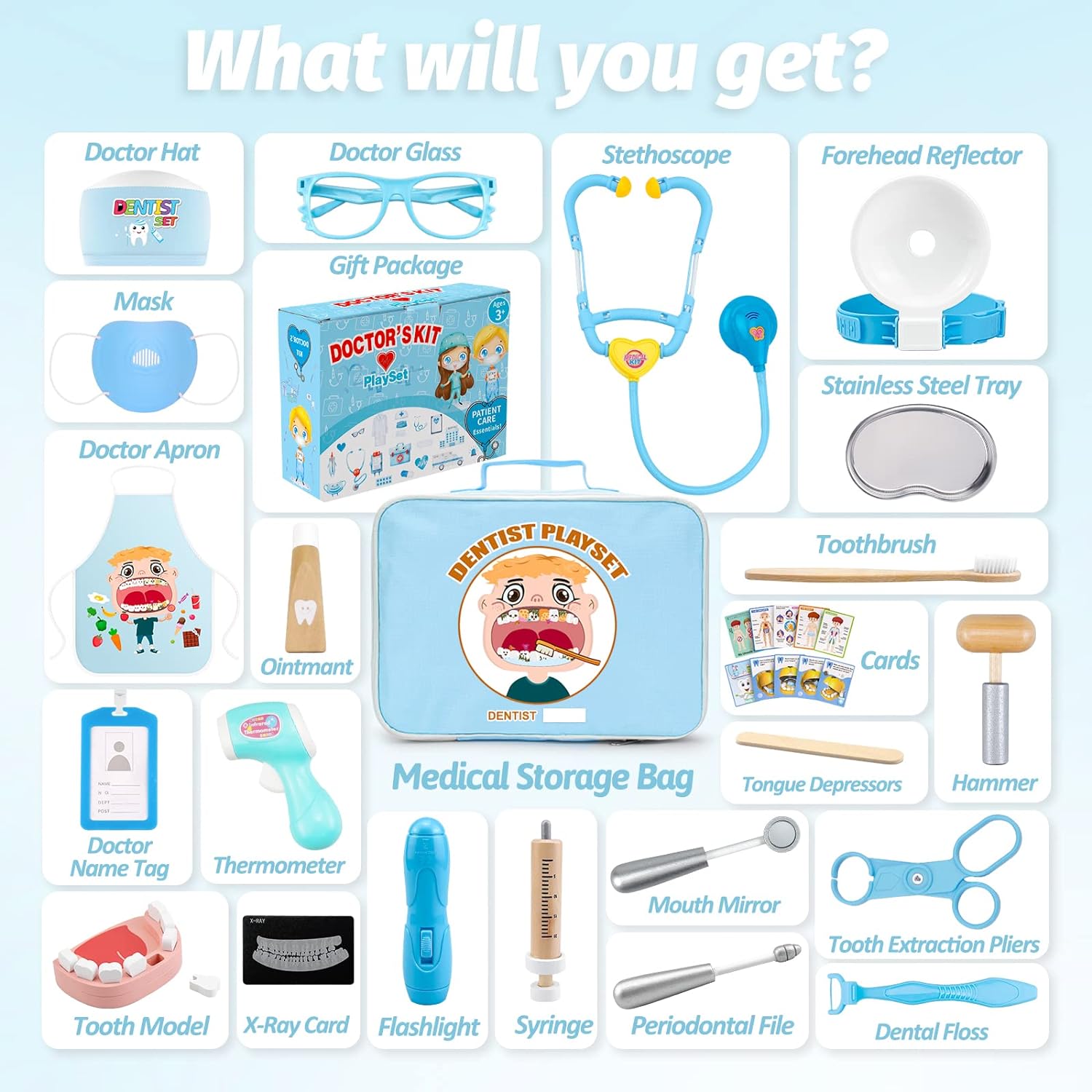 Trusa medicala de jucarie, set dentist cu geanta, termometru, stetoscop, ochelari, sort, model cu dinti, reflector, lanterna, masca, jucarie de rol, pentru copii peste 3 ani
