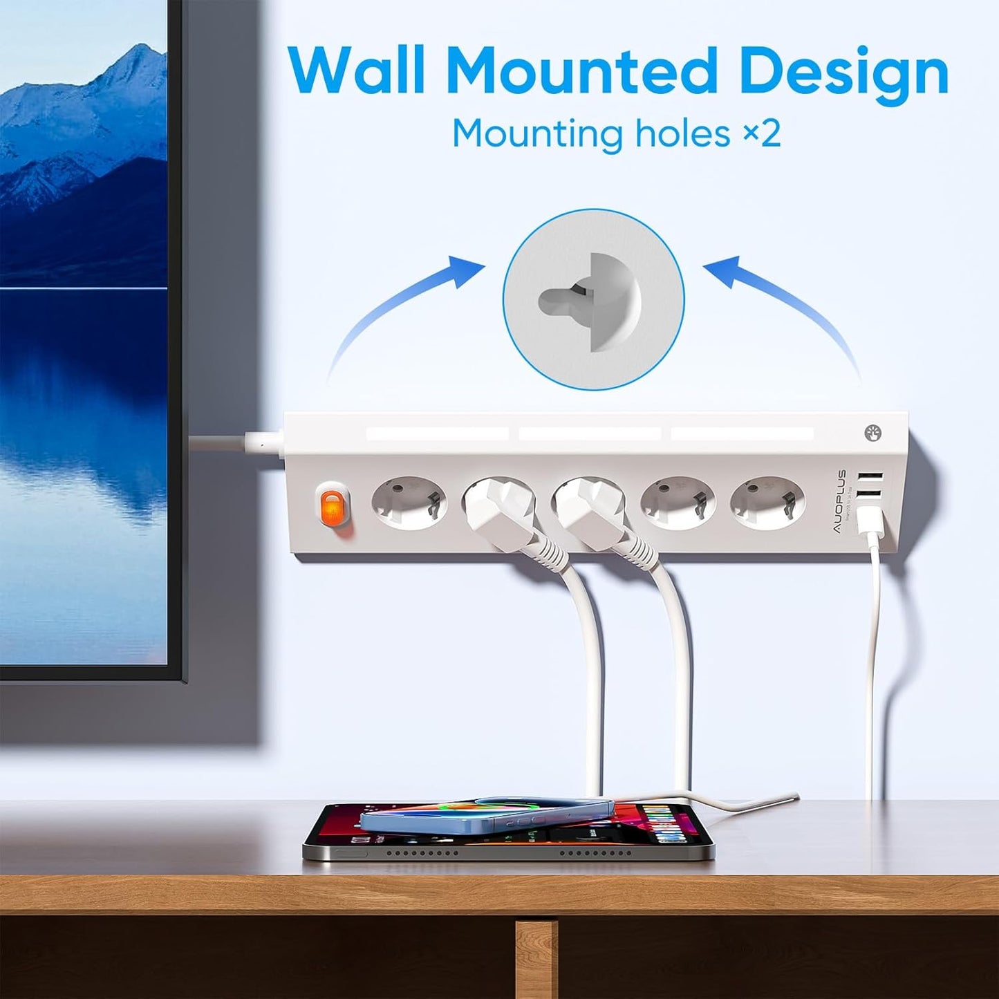 Prelungitor pentru perete/colt 3680 W/16 A, 5 prize, 2 porturi USB-A, 2 porturi USB-C, lumina de noapte reglabila, cablu de 2 m, cu protectie la supratensiune