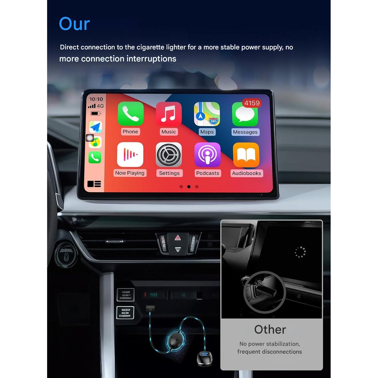 Incarcator auto 3 in 1 cu adaptor auto Apple Carplay si Android Auto, cu 48W Fast Charge USB-C PD si USB-A QC, suporta iPhone iOS 10+ si Android 11+, pentru masini dupa 2015, negru