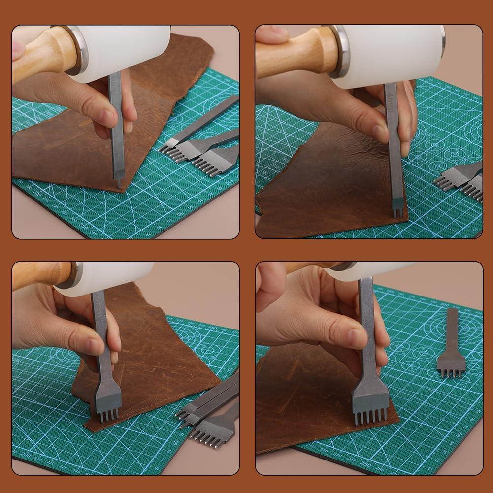 Set profesional de prelucrare a pielii, 65 de piese, stampile, perforatoare, scule marochinarie cu geanta de depozitare