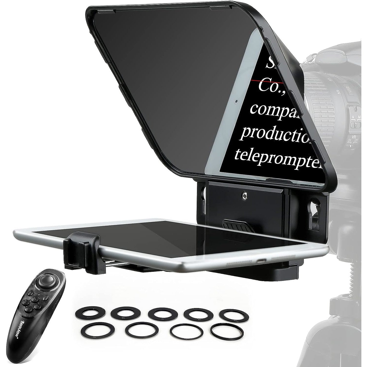 Kit teleprompter cu telecomanda si adaptoare obiectiv, pentru smartphone si tableta pana la 11 inch, cu aplicatie dedicata, pentru camere DSLR si smatphone