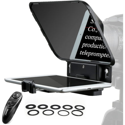Kit teleprompter cu telecomanda si adaptoare obiectiv, pentru smartphone si tableta pana la 11 inch, cu aplicatie dedicata, pentru camere DSLR si smatphone