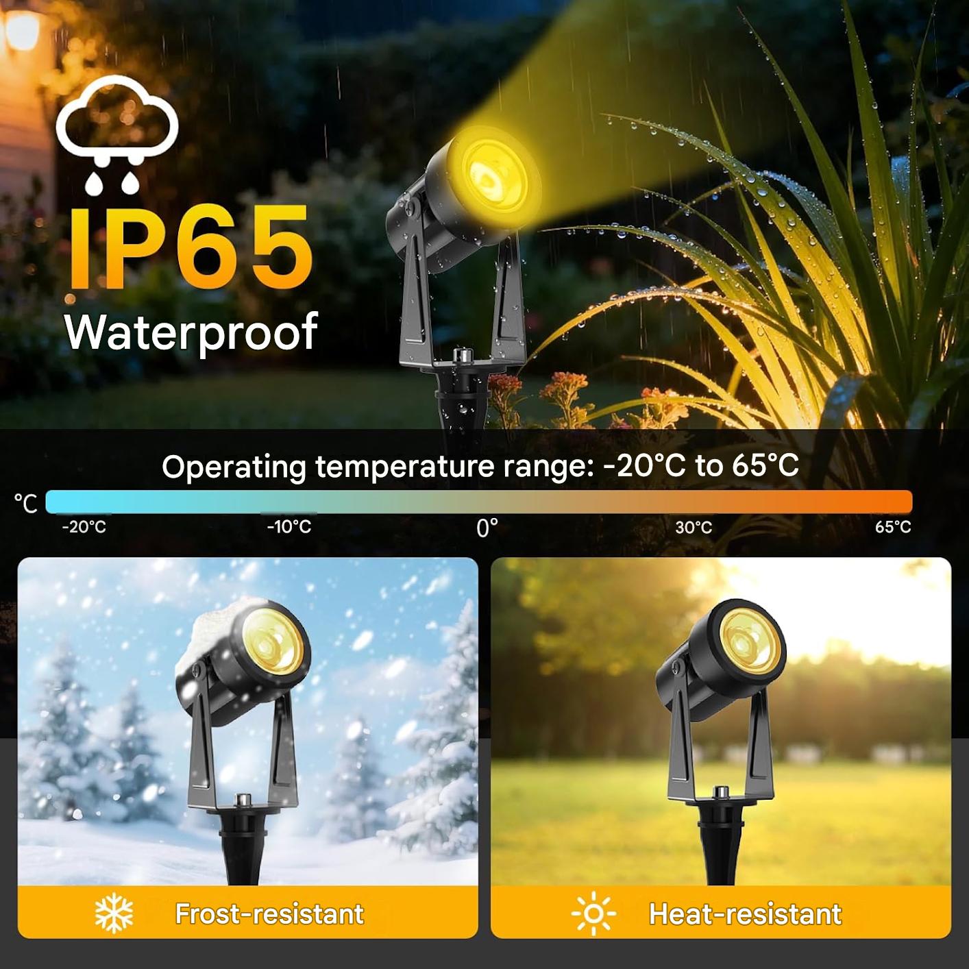 Set 10 proiectoare LED pentru gradina, 35 m, 3W/buc, lumina alb cald 3000K, reglare intensitate luminoasa din telecomanda 0–100%, temporizator 4/6/8h, IP65, 27V, alimentare la retea, negru