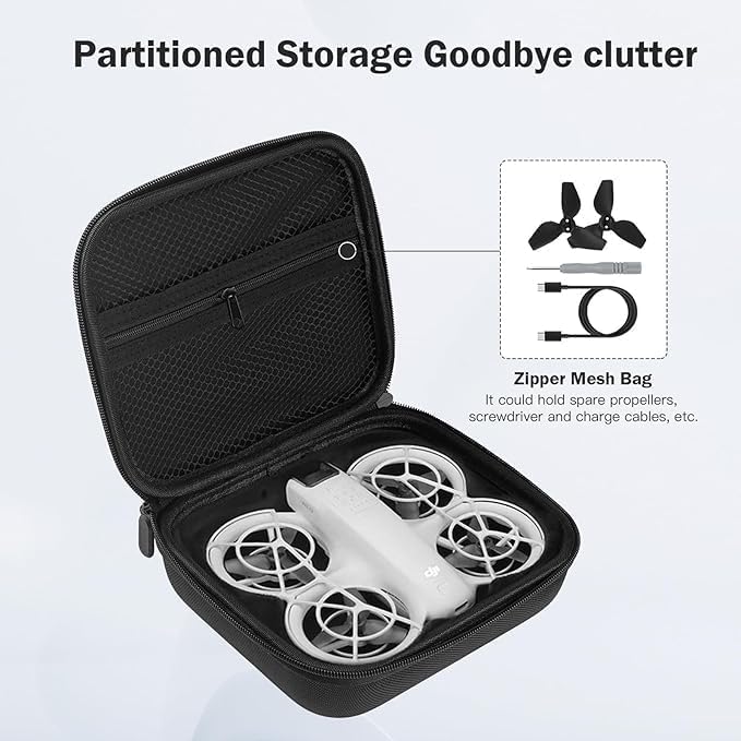 Husa de protectie pentru drona DJI Neo, geanta de transport impermeabila, 18.5 x 16 x 6 cm, rezistenta la socuri, cu interior moale din catifea, buzunare pentru baterii si accesorii, usor de purtat pentru calatorii, neagra
