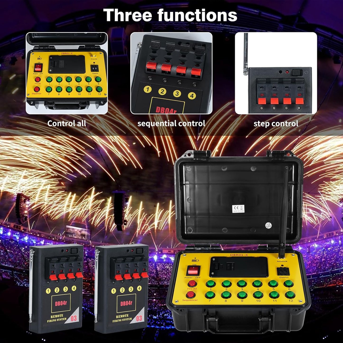 Set aprindere artificii cu 1 transmitator wireless si 9 declansatoare cu 4 canale, pana la 500 m raza de actiune, comutare de la distanta, multifunctional