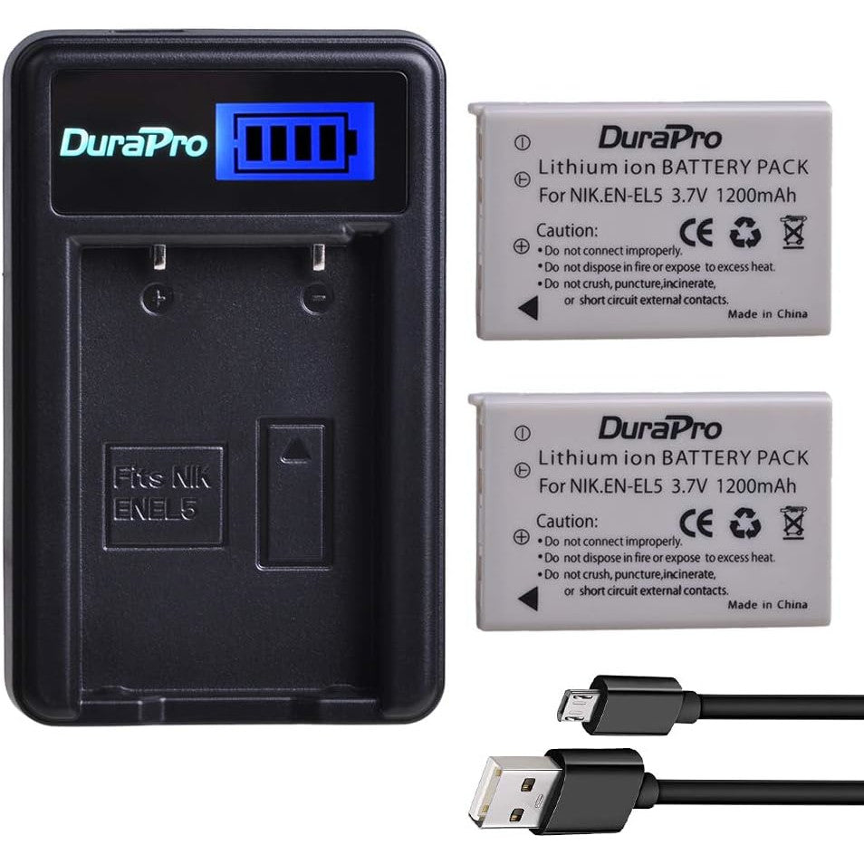 Set 2 acumulatori EN-EL5 1200 mAh si incarcator cu display LCD pentru Camere Nikon Coolpix P530, P520, P510, P100, P500, P5100, P5000, P6000, P90, P80