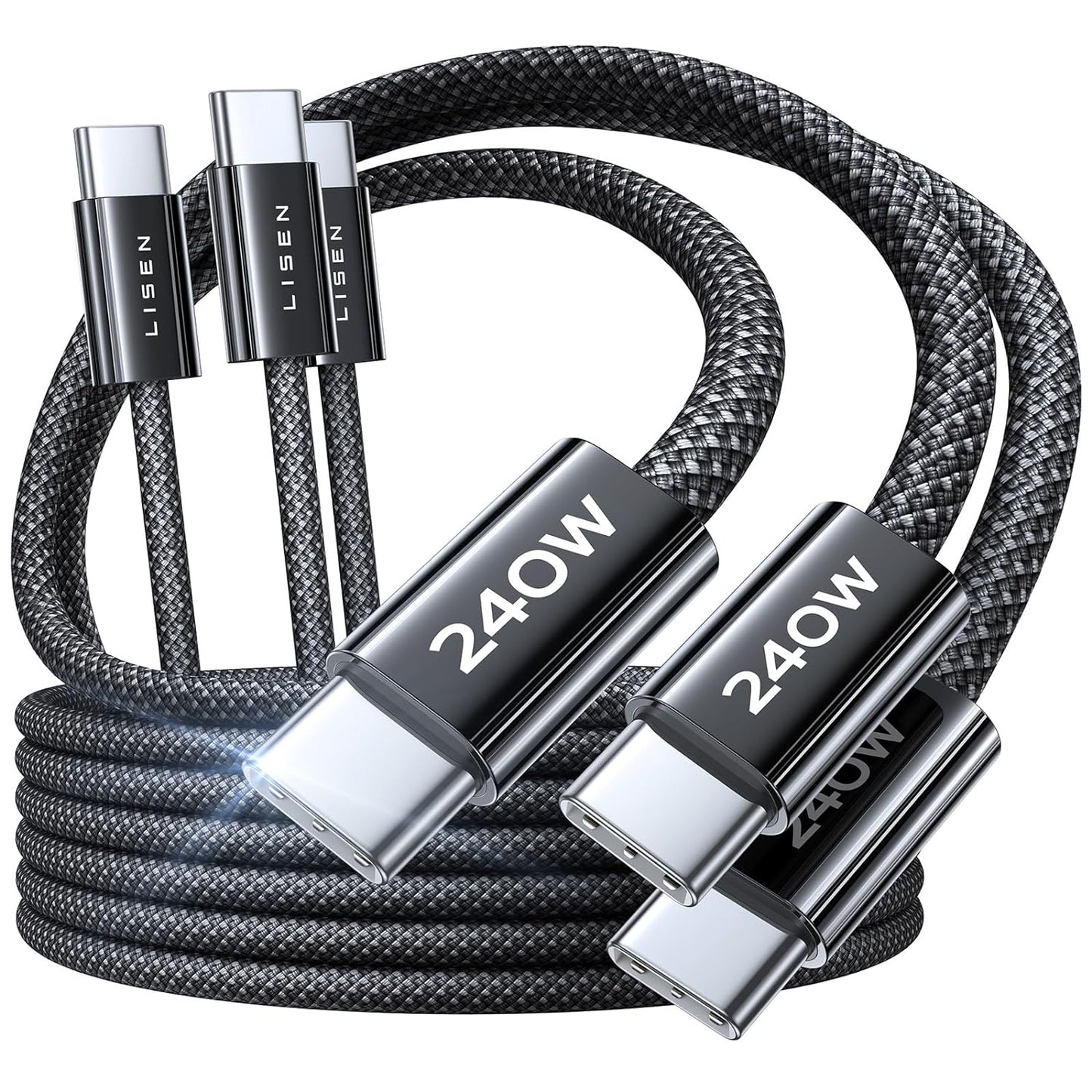 Set 3 cabluri de date si incarcare USB C la USB C, 240 W, fast charging 2.0, 3 lungimi diferite, 1x 1 m, 2x 2m, compatibil cu iPhone 15 Pro, Samsung S20, iPad Air/Pro/Mini, Tab, Mi, Xiaomi, Huawei, OnePlus, negru