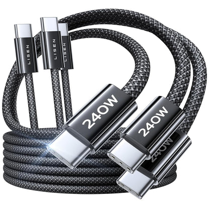 Set 3 cabluri de date si incarcare USB C la USB C, 240 W, fast charging 2.0, 3 lungimi diferite, 1x 1 m, 2x 2m, compatibil cu iPhone 15 Pro, Samsung S20, iPad Air/Pro/Mini, Tab, Mi, Xiaomi, Huawei, OnePlus, negru