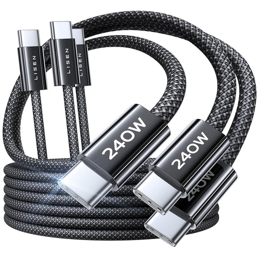 Set 3 cabluri de date si incarcare USB C la USB C, 240 W, fast charging 2.0, 3 lungimi diferite, 1x 1 m, 2x 2m, compatibil cu iPhone 15 Pro, Samsung S20, iPad Air/Pro/Mini, Tab, Mi, Xiaomi, Huawei, OnePlus, negru