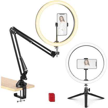 Ring Light LED cu trepied si brat cu menghina,Lampa circulara cu suport smartphone, telecomanda, montura cap tip bila, adaptor de la 5/8" la 3/8" si adaptor de la 1/4" la 5/8", pentru machiaj, vlog, streaming, inregistrare video