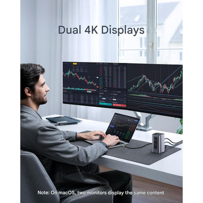 Statie de andocare 12 in 1, extindere la 2 monitoare 4K, PD 100W, 2 x HDMI 4K, 4 x USB-A, 2 x USB-C 10Gbps, TF/SD 104 Mbit/s, Gigabit Ethernet, cu buton blocare ecran, compatibila cu laptopuri Dell, HP, Lenovo, Asus, Acer, Mac