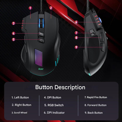 Mouse Gaming cu fir, 12800 DPI, 8 butoane programabile si macrocomenzi, buton declansare rapida reglabil, ergonomic cu suport silicon, RGB 12 presetari, rata interogare 1000 Hz – Ideal PC si Laptop
