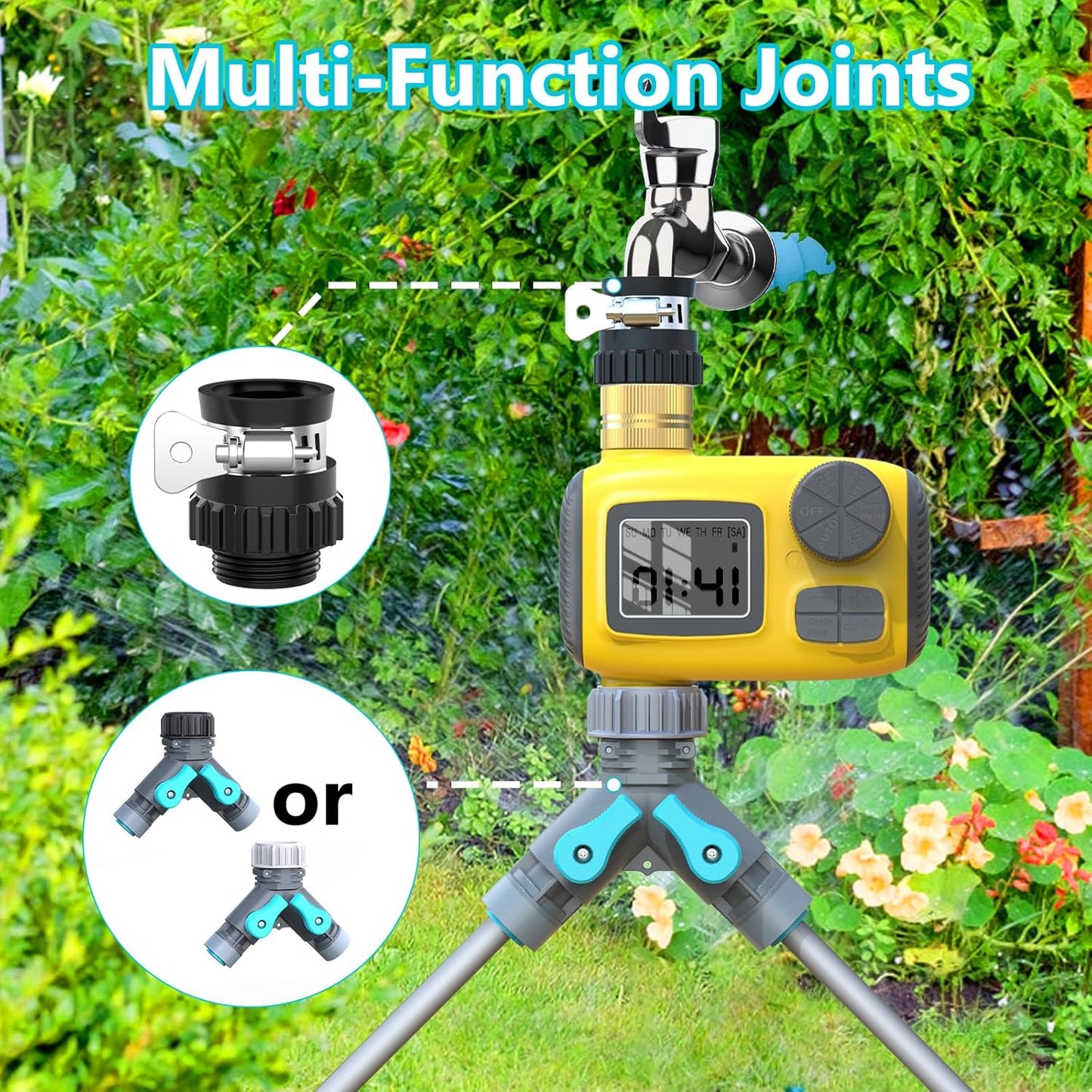 Sistem de irigare automat cu temporizator digital, kit picurare programabil, afisaj LCD, pana la 3 programe zilnice, mod manual si intarziere ploaie, filtru metalic, conexiune alama 360°, rezistent IP55, pentru gradina, gazon si sera