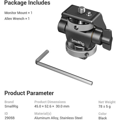 Suport monitor cu adaptor cold shoe si surub 1/4 inch, rotativ 360° si cu inclinare 180°, reglabil, cu surub de fixare, Smallrig 2905B