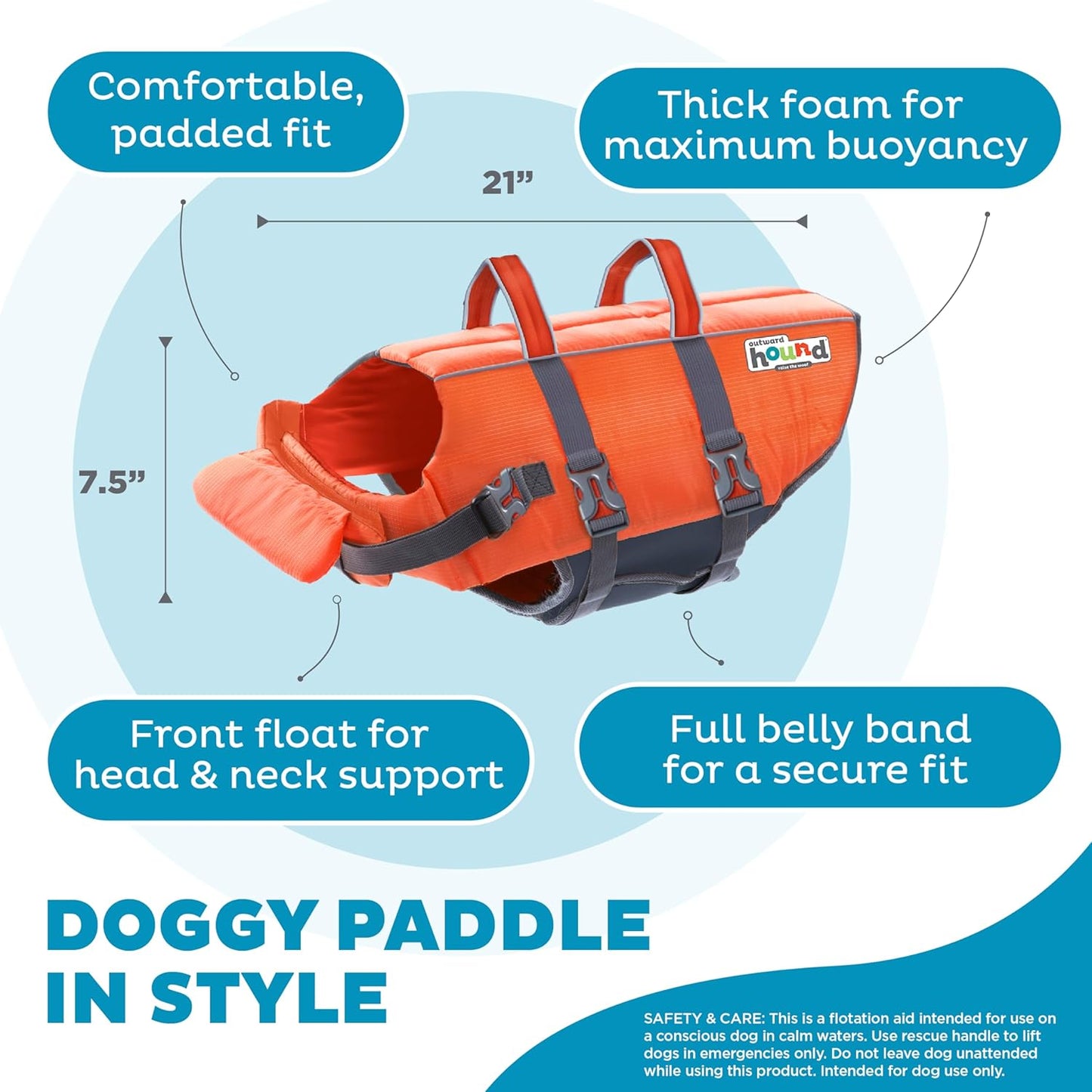 Vesta de salvare pentru caini marimea XL, Outward Hound Granby Splash, greutatea minima 38 kg, portocaliu, cu accente reflectorizante, bretele reglabile, banda abdominala si maner de transport pentru salvare
