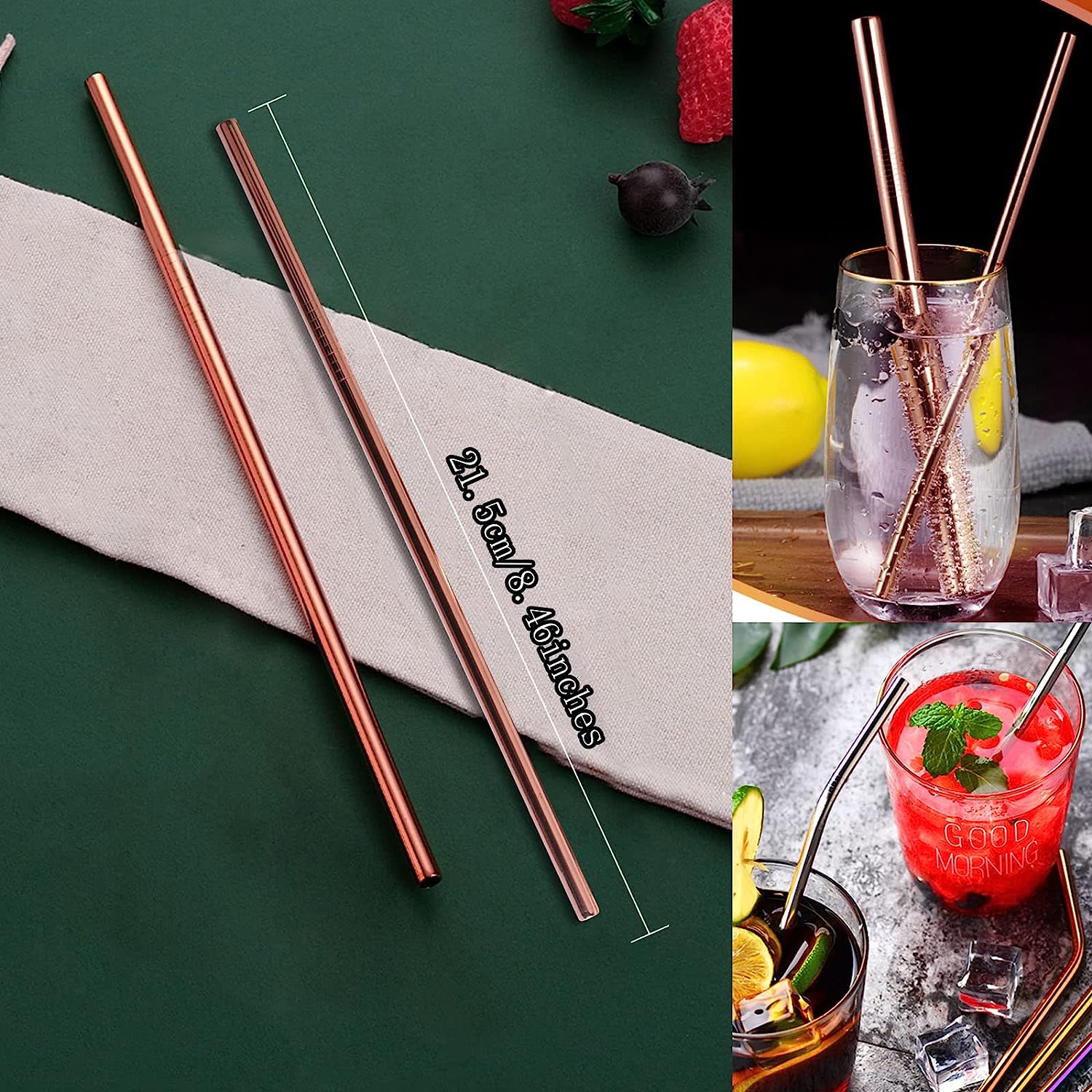 Set de 4 cani Moscow Mule, cesti 550 ml cu farfuriute, pai, jigger, lingurita, perie de curatare pai, tirbuson, rose gold
