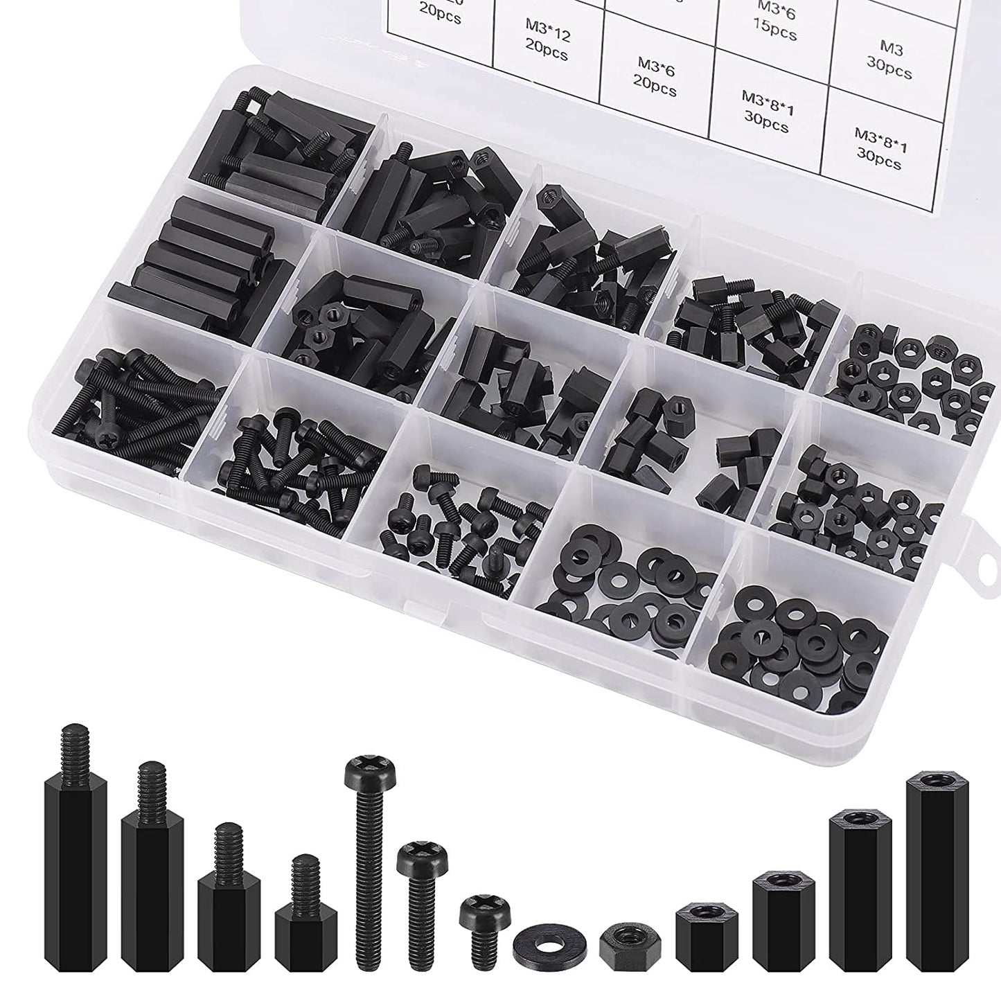 Set distantiere M3 hexagonale din Nylon, mama-mama si mama-tata, cu suruburi, saibe si piulite din plastic, cu cutie de depozitare, negre