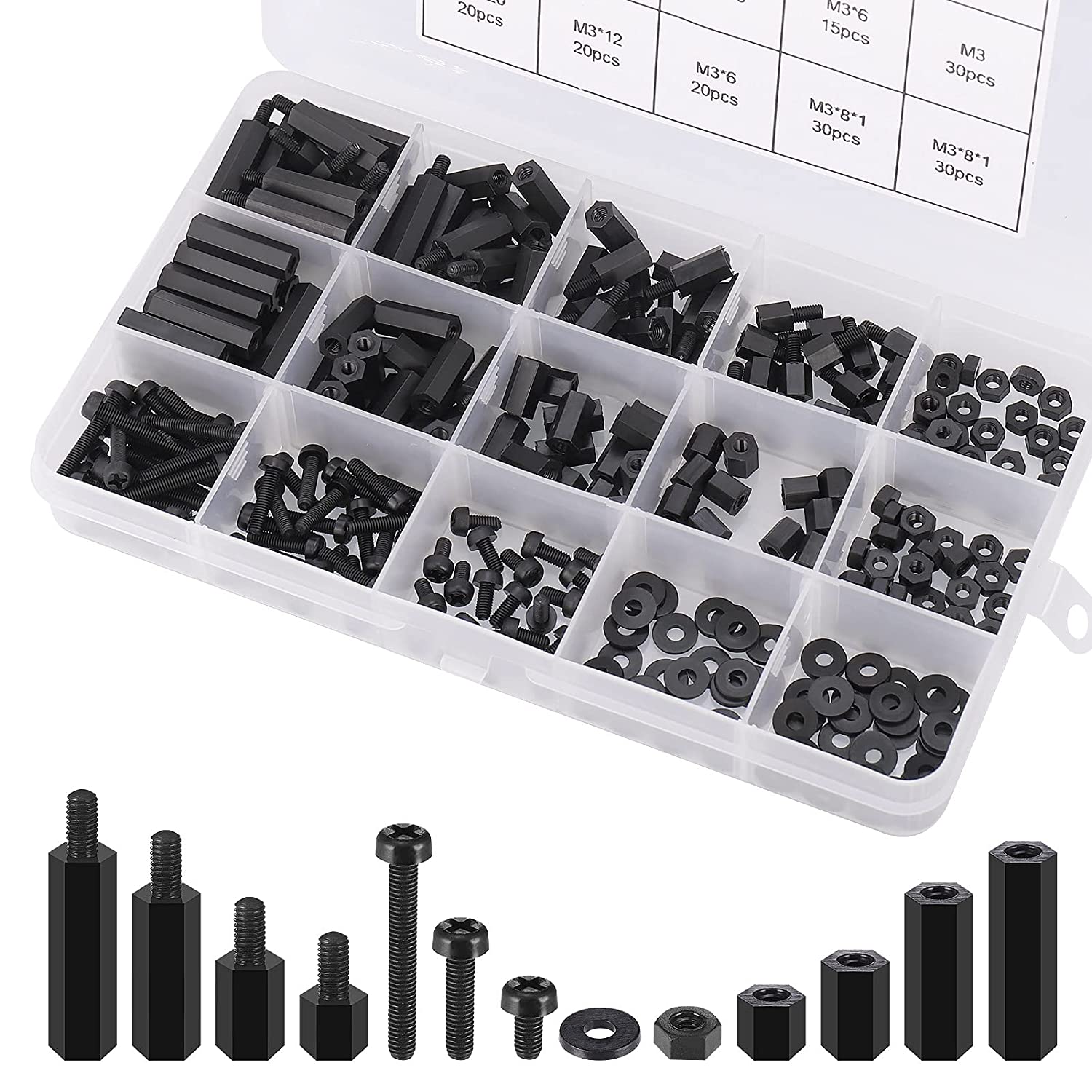 Set distantiere M3 hexagonale din Nylon, mama-mama si mama-tata, cu suruburi, saibe si piulite din plastic, cu cutie de depozitare, negre