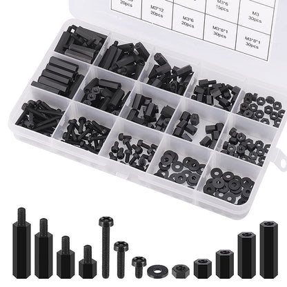 Set distantiere M3 hexagonale din Nylon, mama-mama si mama-tata, cu suruburi, saibe si piulite din plastic, cu cutie de depozitare, negre