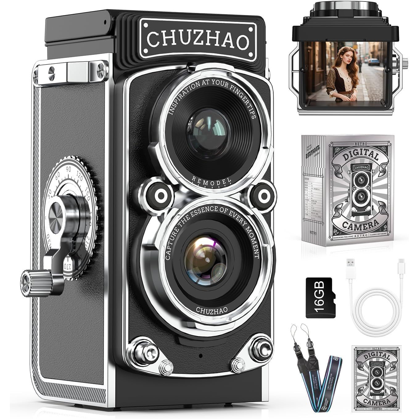 Camera digitala mini stil retro, 1080p FHD, 12 MP, cu manivela pentru focus, acumulator 1000 mAh, card memorie de 16 GB, filtru alb/negru, 8, 8 x 4.2 x 4 cm