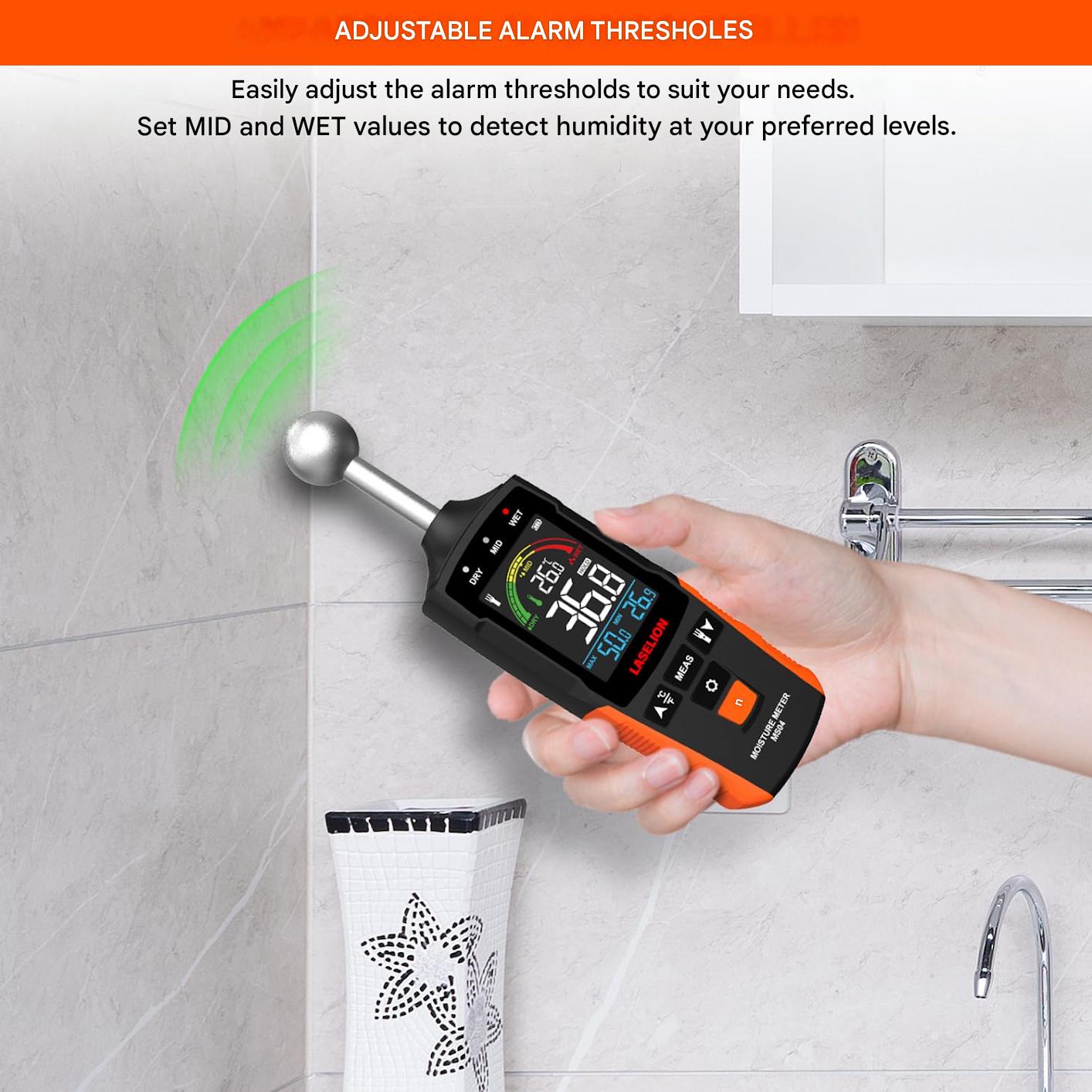 Umidometru, detector de umiditate digital cu ecran LCD, alerta sonora si lanterna LED, 5-40 mm adancime detectare, cu baterii, pentru perete, zidarie, lemn, tencuiala