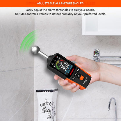Umidometru, detector de umiditate digital cu ecran LCD, alerta sonora si lanterna LED, 5-40 mm adancime detectare, cu baterii, pentru perete, zidarie, lemn, tencuiala