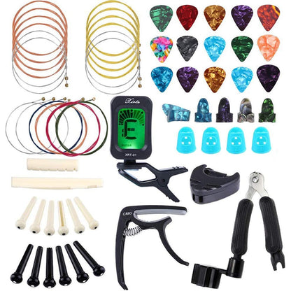 Set de accesorii pentru chitara 60 de piese, cu tuner, capodastru, string winder, corzi pentru chitara, pini, pene, protectii pentru degete, pene tip gheara